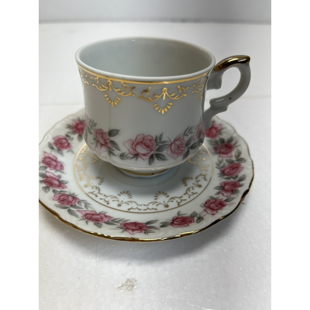 Vintage Inarco‎ Gold Pink Floral Demitasse And Saucer Espresso Cup made in Japan